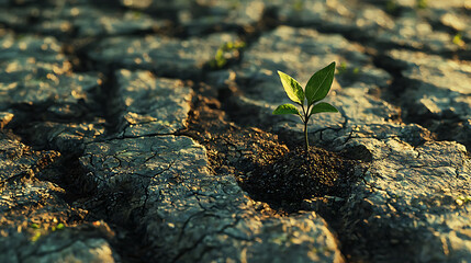 single seed sprouting from dry cracked earth symbolizes hope and resilience