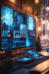 Futuristic home office setup featuring a large screen for immersive video conferencing and modern design elements.