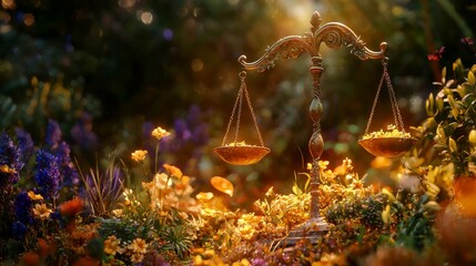 Elegant vintage scales of justice surrounded by vibrant flowers in a magical garden setting at golden hour