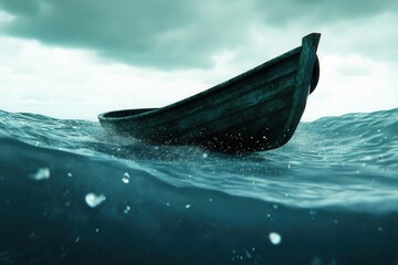 Lonely boat adrift on stormy ocean waters