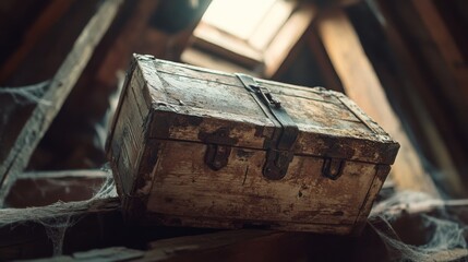 Obraz premium A weathered wooden chest sits in a dusty attic, covered in cobwebs, evoking a sense of mystery and forgotten stories.