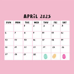 April 2025. Calendar. Monthly planner. Illustration on pink background.