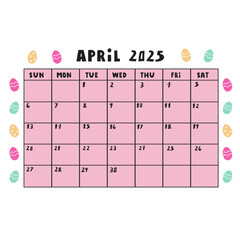 April 2025. Template calendar. Vector illustration on white background.