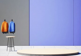 Colorful Hoodies Displayed On Wall With Minimalist Stage Design