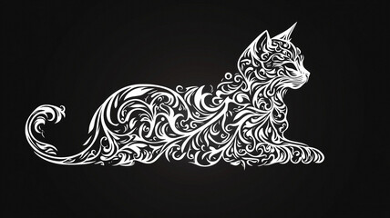 White cat outline with ornate floral embellishments, elegantly stretched on a black background.