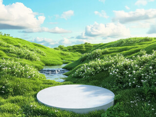 picturesque landscape featuring lush green hills, serene stream, and vibrant flowers under bright blue sky. This tranquil scene evokes sense of peace and natural beauty