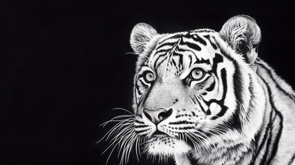 black background in art, tiger portraits, tiger art techniques, wildlife art black background, portrait of tiger, dark background art.