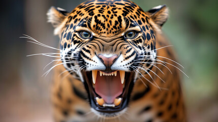 Obraz premium jaguar reaction, jaguar provocation, jaguar behavior when threatened, taunting wild jaguar, jaguar defense mechanisms.