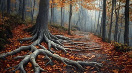 A misty forest path carpeted with autumn leaves and winding roots captures the serene beauty of fall.