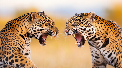 Fototapeta premium jaguar reaction, jaguar provocation, jaguar behavior when threatened, taunting wild jaguar, jaguar defense mechanisms.