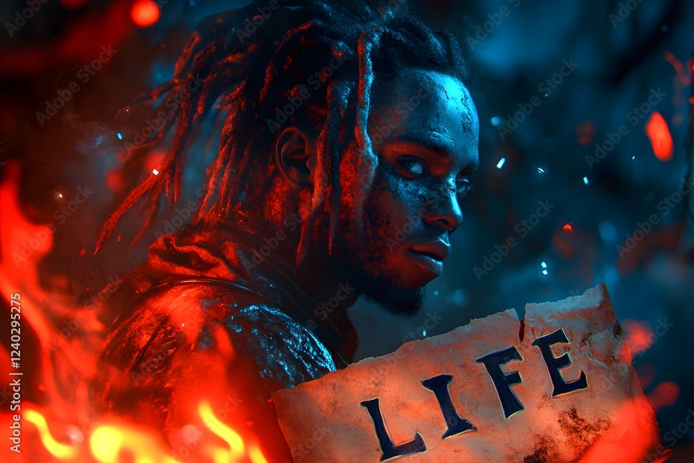 Poster dramatic 3d rendering of a gothic man with radiant silver dreadlocks floating gracefully engulfed in