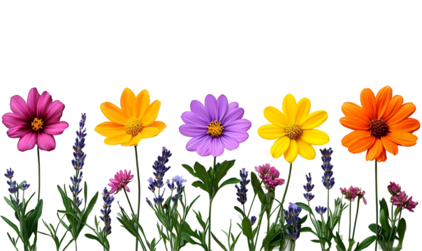 Vibrant flowers bloom, garden border, dark background, design element