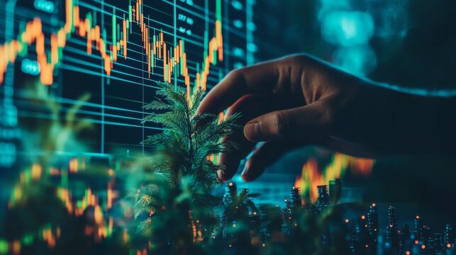 Hand Nurturing Small Plant with Financial Graph Background Illustrating Growth and Investment in Nature and Economy Dynamics - Powered by Adobe