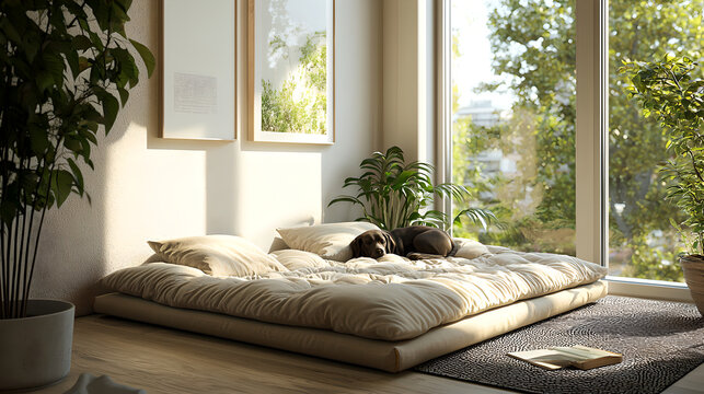 A serene and stylish interior showcasing a comfortable futon with a dog resting on it.