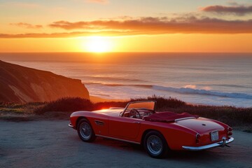 Naklejka premium A classic red convertible enjoys a breathtaking sunset over the Pacific Ocean.
