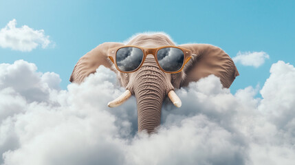 Funny elephant with sunglasses coming out of the clouds