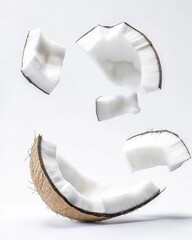 Coconut pieces floating on a white background in an artistic display