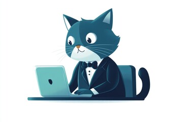 A sophisticated cat in a tuxedo works diligently on a laptop, showcasing elegance and professionalism.