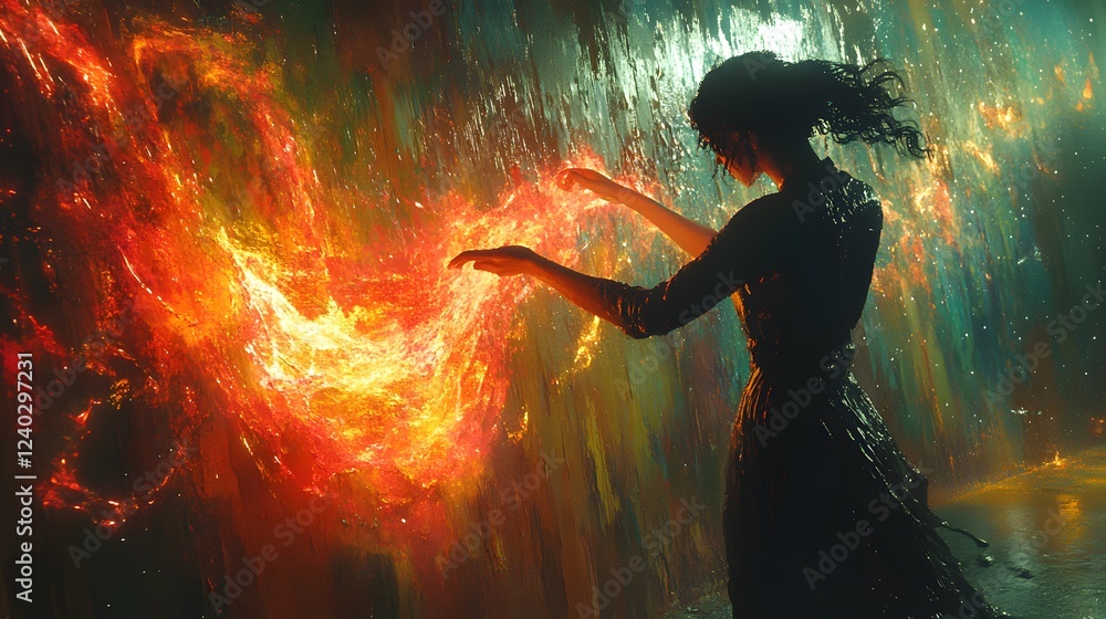 Poster dramatic 3d rendering of painter splashing vibrant paint outline a woman on a wall featuring dynamic