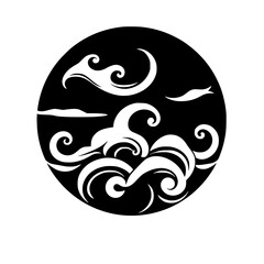 Abstract Black and White Wave Circle Design:  A graphic illustration of stylized ocean waves in a circular frame, perfect for various design projects.