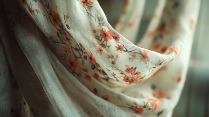 A sheer floral fabric elegantly drapes, showcasing tiny orange blossoms and delicate branches, creating a serene and airy ambiance by the light.