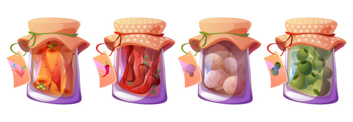 Preserve jars set isolated on white background. Vector cartoon illustration of glass containers with paper labels, salty pickled carrots, chili pepper, mushrooms and olives, natural homemade food