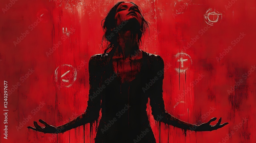 Poster dramatic front view of a gothic female in a bridge pose with splashes of dark red and vermillion ink