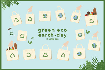 Hand drawn vector illustration of Happy Earth day eco friendly reusable tote bag concept minimal doodle drawing element set. Save the earth, eco friendly. For web, banner, campaign, social media