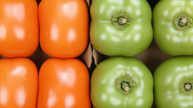 Fresh green and orange bell peppers in a box for healthy cooking and colorful food presentation. Tomatillo and Asian Pear Month