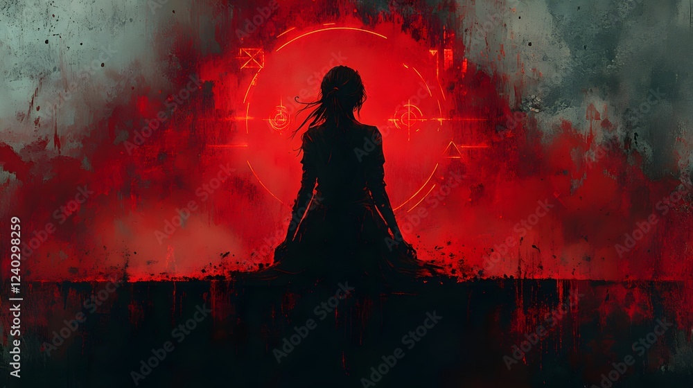 Aufkleber dramatic front view of a gothic female in a bridge pose with splashes of dark red and vermillion ink