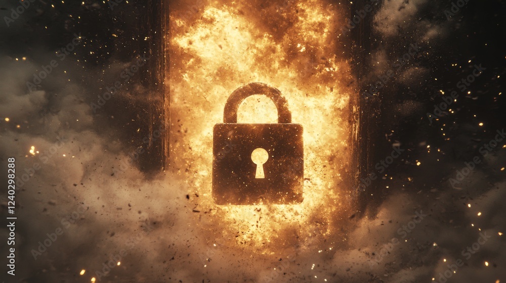 Poster flame and smoke surrounding a digital lock symbol representing security and protection in a modern c