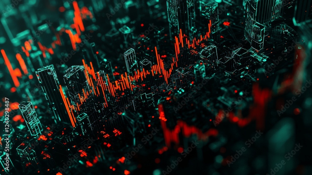Poster abstract cityscape interface with data visualizations and green red highlights reflecting financial 