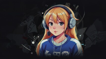 Beautiful anime girl listening to lo-fi hip hop music with headphones. Manga, cartoon drawing., abstract isolated background PNG, cartoon style, animal designations