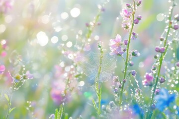 Naklejka premium Dew-kissed spiderweb delicately adorned with pastel flowers in a sunlit meadow.