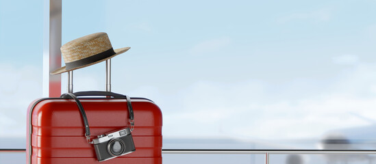 Suitcases at an airport terminal. Travel concept. 3d rendering