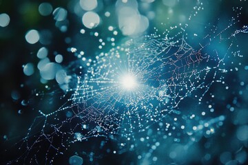 Dew-covered spiderweb glistening in the sunlight, a mesmerizing natural artwork.