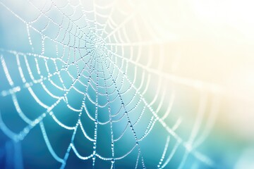 Fototapeta premium A spiderweb glistening with morning dew, delicate strands adorned with water droplets.