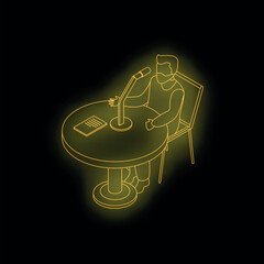 Isometric neon style illustration of a radio host broadcasting live on air, speaking into a microphone