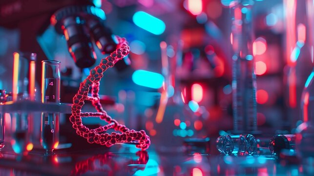 Close-up of glowing DNA double helix with red warning sign symbolizing cancer risk, set in a medical lab with test tubes and microscopes. Genetic research, health risk awareness, and