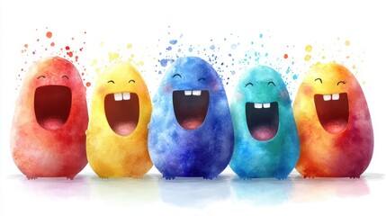 Colorful smiling characters with paint splatter theme for creative design. National Humor Month