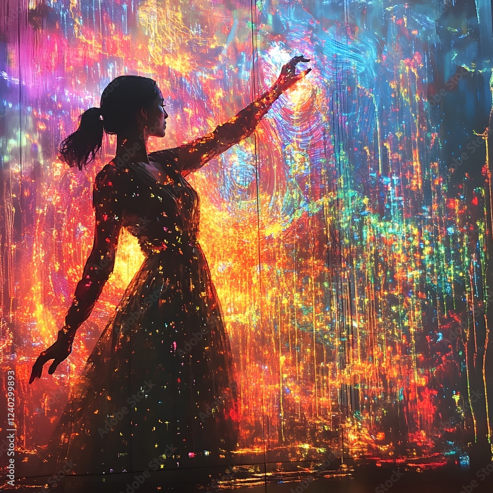 Aufkleber dramatic scene showcasing a painter energetically splashing colors onto a wall forming an abstract w