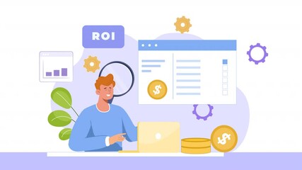 2D flat character scene animation explaining the concept of Return on Investment (ROI), showing characters investing in various assets and calculating the returns over time.