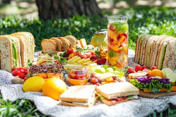 A colorful vegan picnic spread laid out on a blanket in a sunny park, including fresh fruits, sandwiches, and infused water.