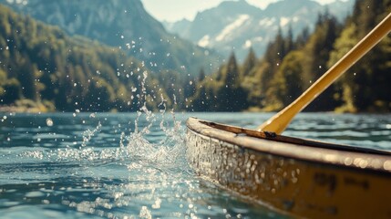 A paddle creates sparkling splashes as it slices through serene mountain lake waters, framed by lush greenery and distant sunlit peaks.