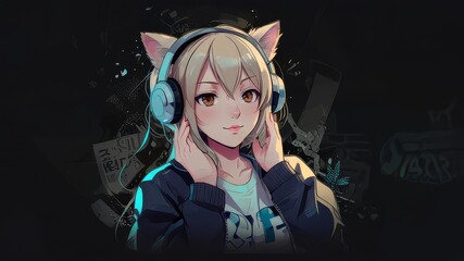 Beautiful anime girl listening to lo-fi hip hop music with headphones. Manga, cartoon drawing., abstract isolated background PNG, cartoon style, animal designations 
