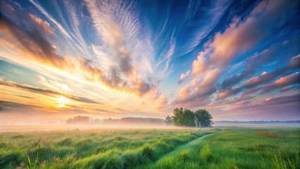 Fototapeta premium Serene Dawn Misty Meadow Path Under a Vibrant Sky of Painted Clouds