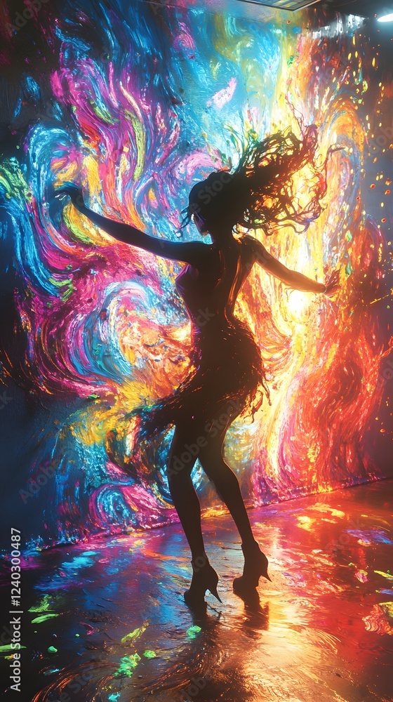 Aufkleber dynamic 3d cinematic rendering of a painter energetically splashing vibrant paint onto a wall creati
