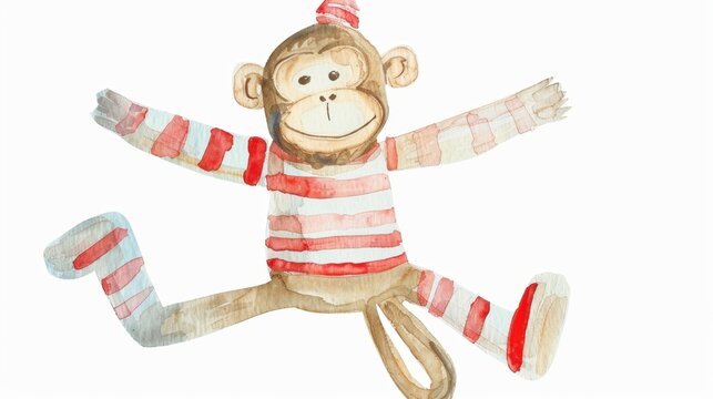 Playful watercolor monkey in striped outfit for children's decor and fun designs. Sock Monkey Day