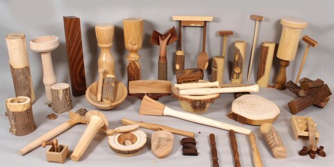 Rustic woodworking collection featuring handcrafted kitchen tools and decor. National Woodworking Month
