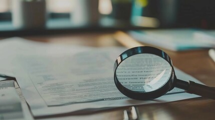 Fototapeta premium Close-up of a magnifying glass over a printed document, symbolizing fact-checking, research, and detailed analysis in professional or educational settings.